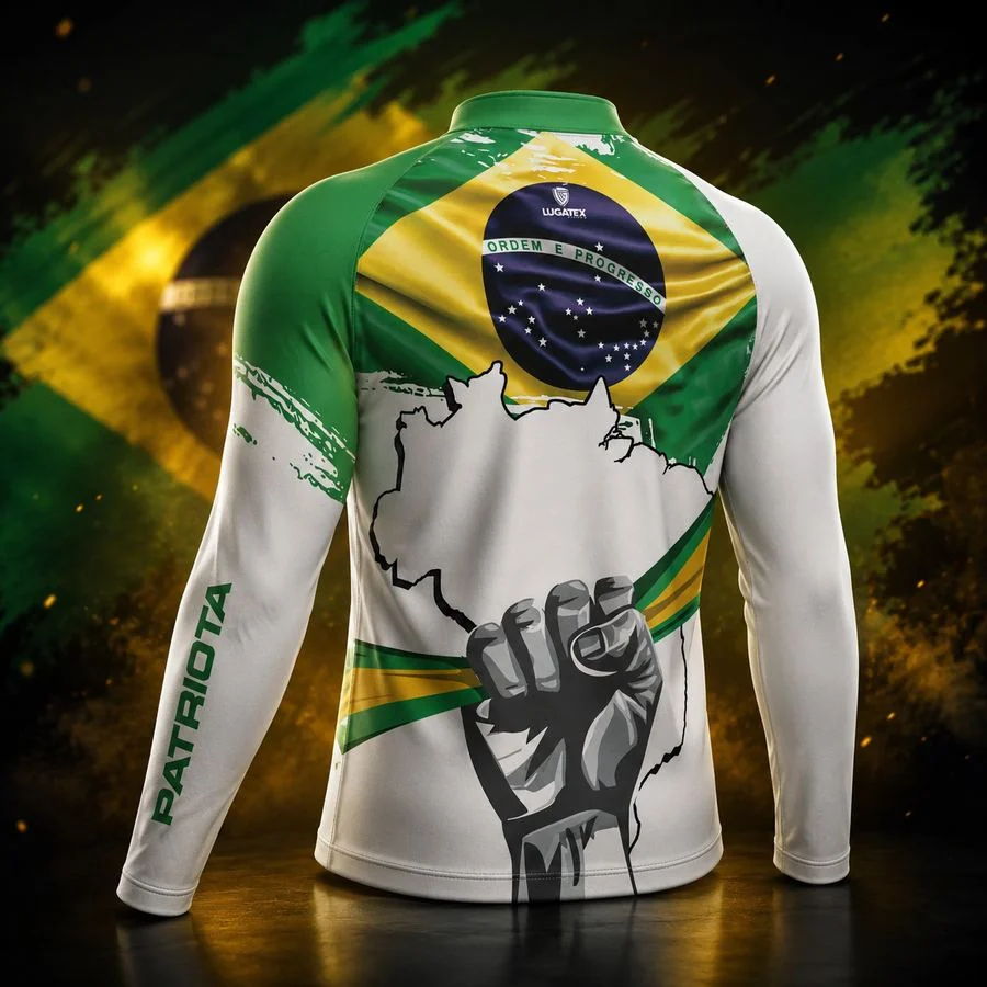 Detalhe das costas da Camisa Sou Patriota com bandeira do Brasil